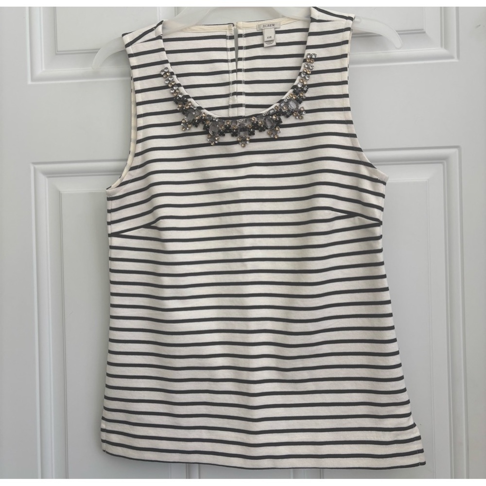 J. Crew Black/White Striped Shell Top w/Embellished Neckline, Size XXS